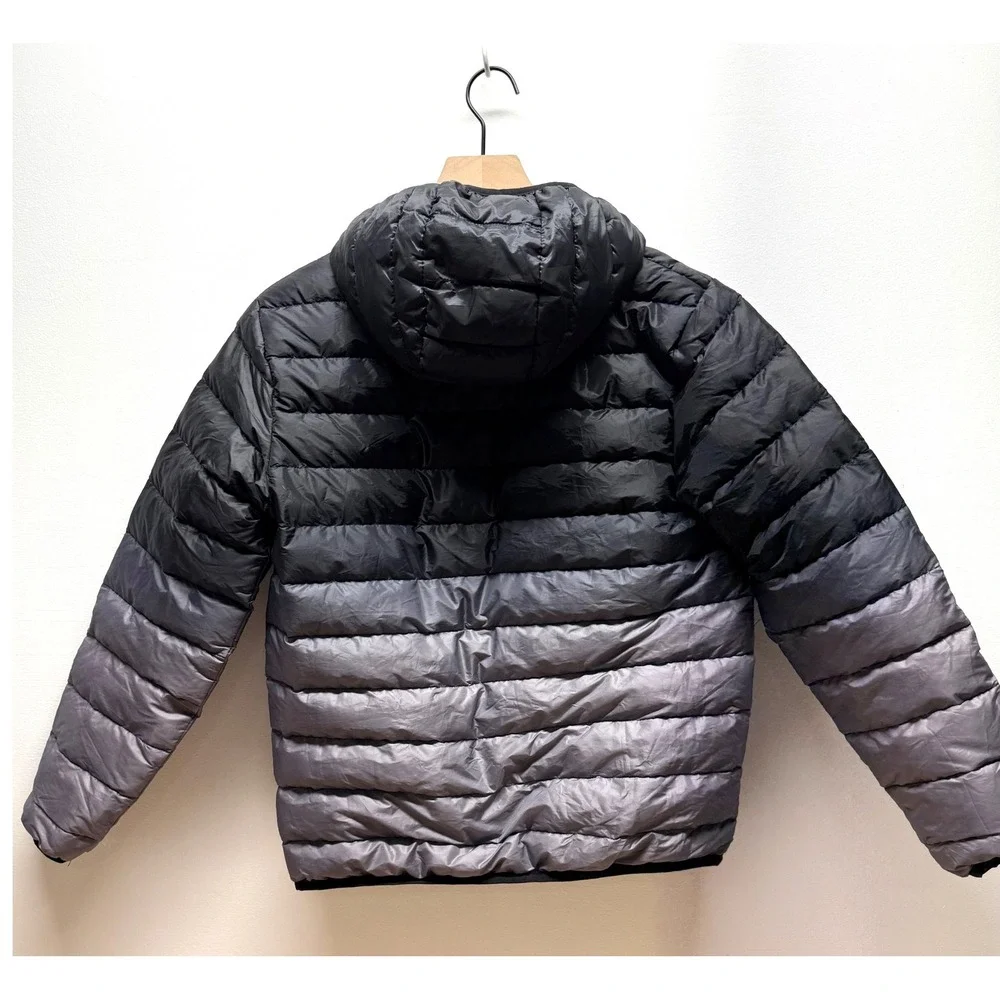 Eddie Bauer Reversible Hooded Puffer Jacket Ombre‎ Black Grey Down Fill Youth L